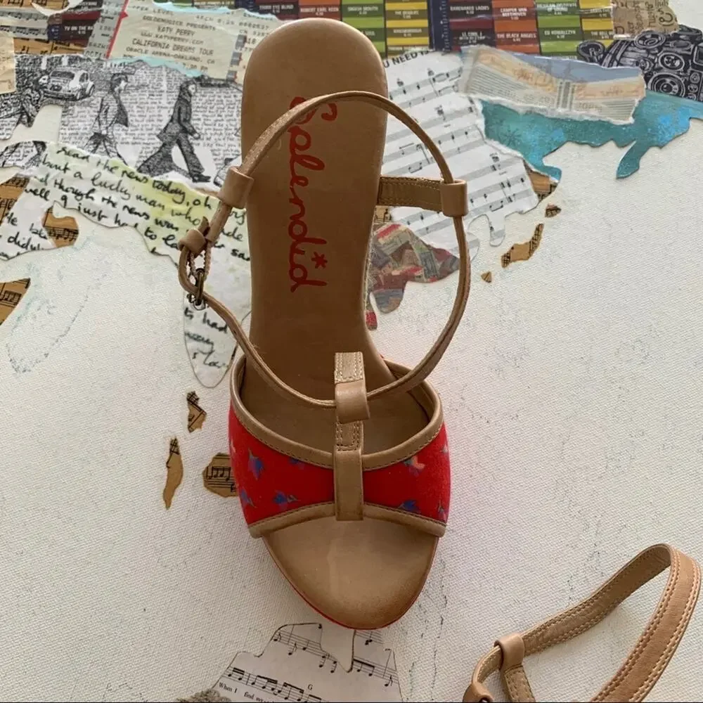 Splendid Luau Fiesta Red Floral Y2K Espadrille Wedge Sandals Women's Size 6